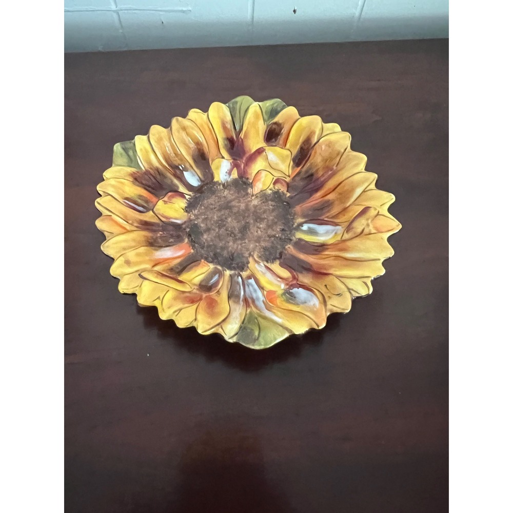 Clay Art Ceramic Sunflower Bowl Hand Painted Yellow Brown Floral 5.5" Dish